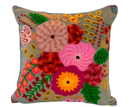 Velvet Embroidered Floral Gray Pillow