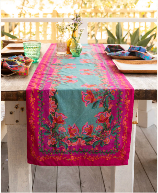 Double-Sided Bohemian Bungalow Table Runner - Teal Borders