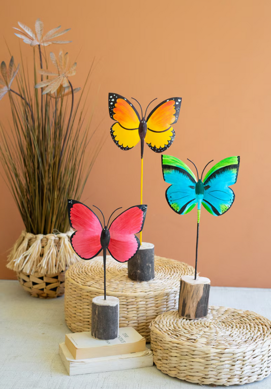 Painted Iron Butterflies on Wood Bases