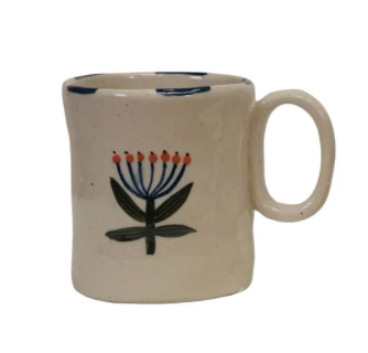 Stoneware Small Mugs w/ Hand-Painted Flower & Rim