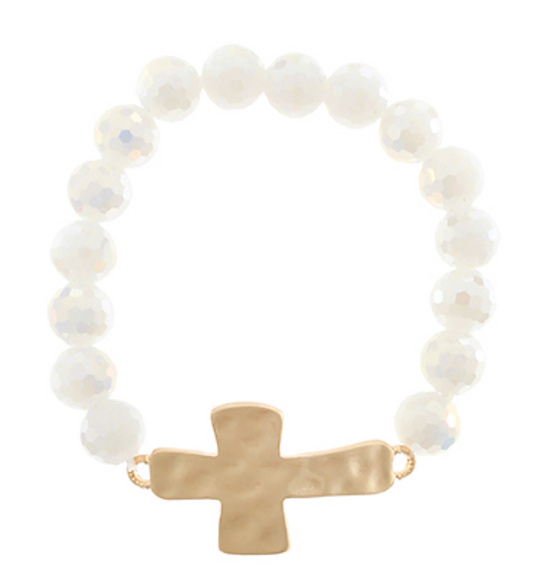 Hammered Cross Glass Bead Bracelet