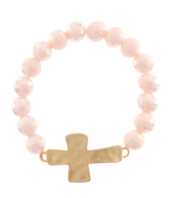 Hammered Cross Glass Bead Bracelet