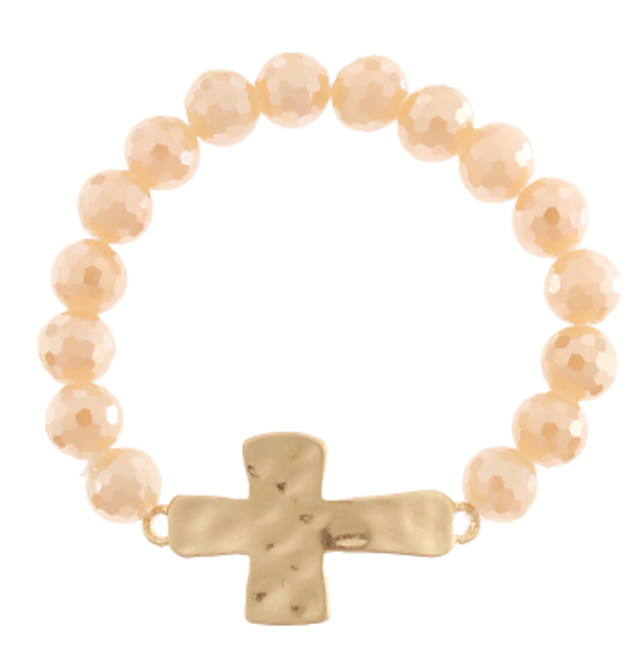 Hammered Cross Glass Bead Bracelet
