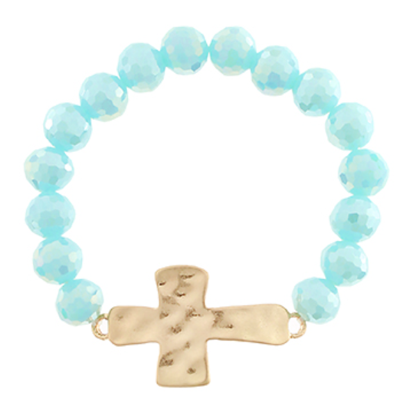 Hammered Cross Glass Bead Bracelet