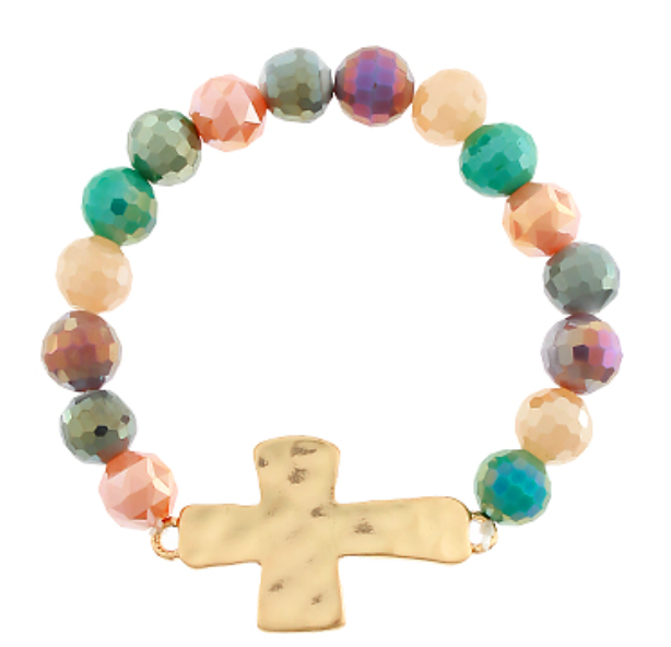 Hammered Cross Glass Bead Bracelet