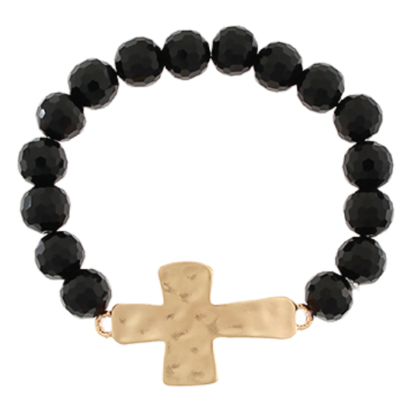Hammered Cross Glass Bead Bracelet