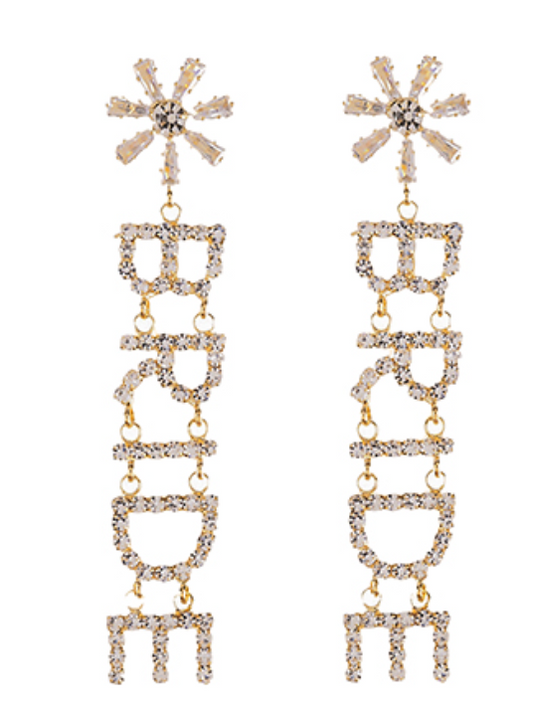 Pave Flower "BRIDE" Drop Earrings