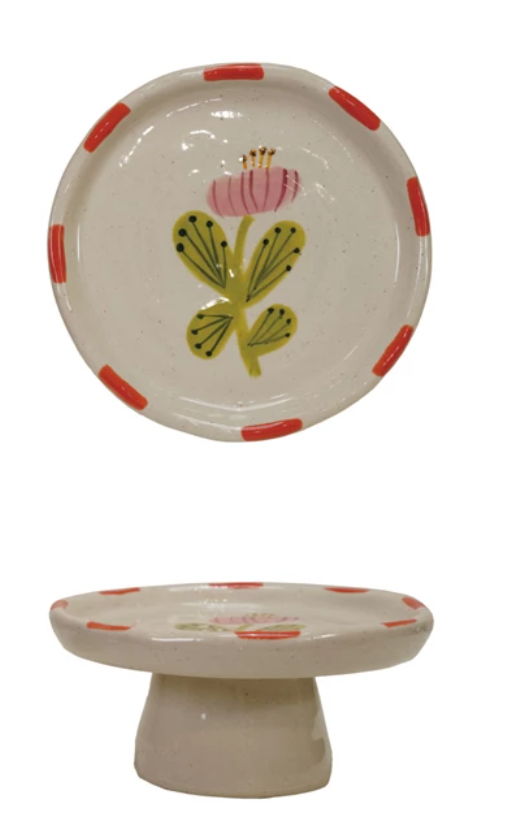 Floral Hand-Painted Stoneware Pedestal