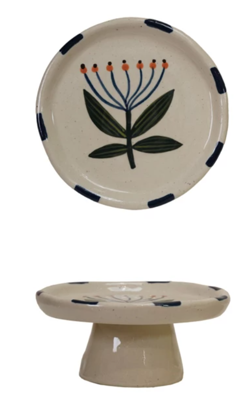Floral Hand-Painted Stoneware Pedestal