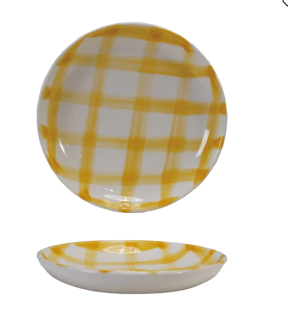 Yellow & White Grid Pattern Stoneware Dish