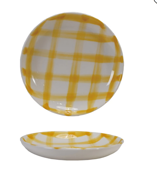 Yellow & White Grid Pattern Stoneware Dish