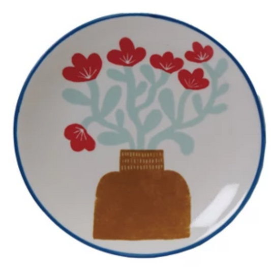 Stoneware Plate with Fruit/Flower Image & Blue Rim