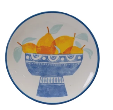 Stoneware Plate with Fruit/Flower Image & Blue Rim