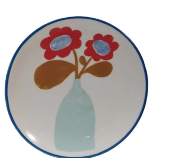 Stoneware Plate with Fruit/Flower Image & Blue Rim