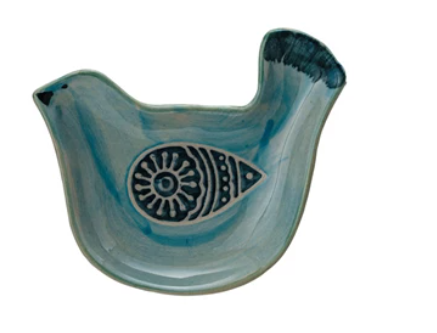 Hand-Painted Stoneware Bird Shaped Dish