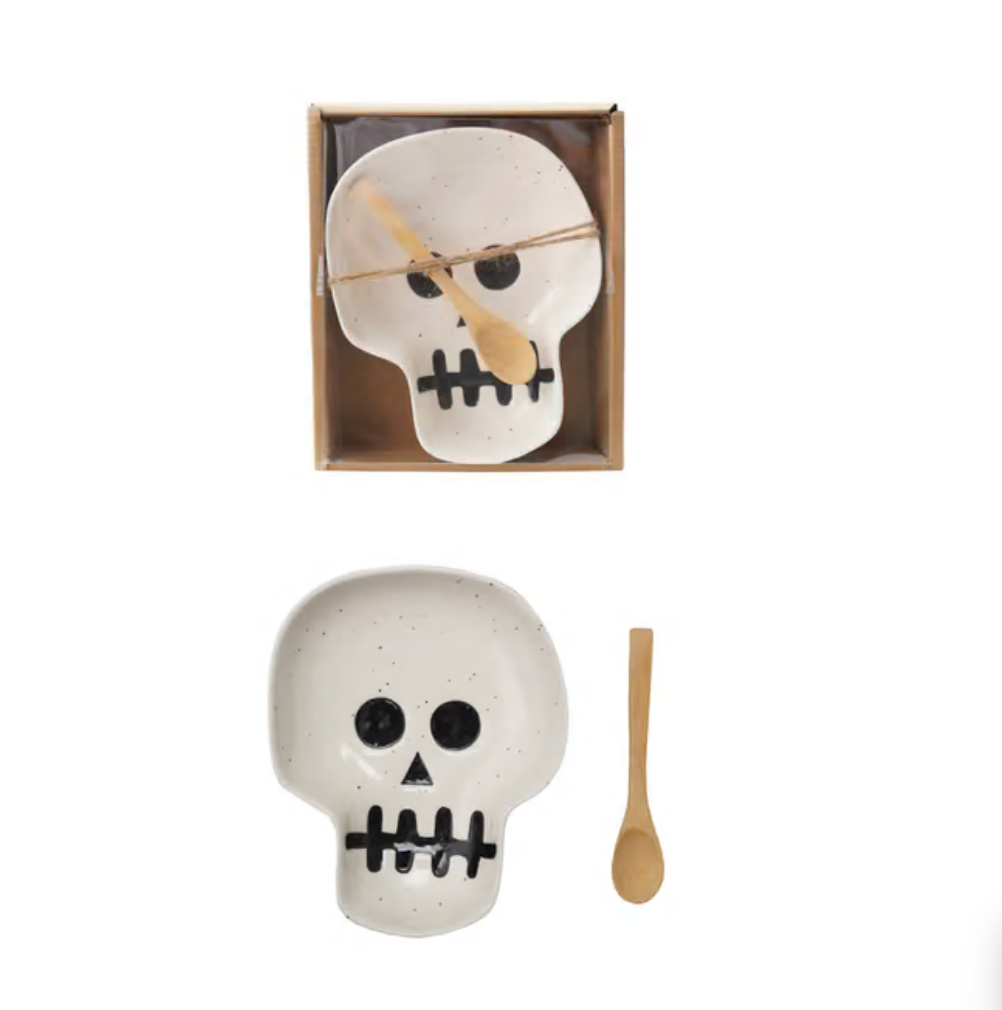 Stoneware Skull Shaped Dish with Spoon