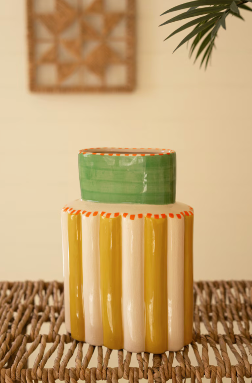 Ceramic Multi-Colored Vase with Green Neck