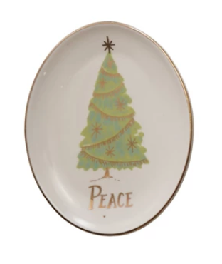 Oval Stoneware Dish with Christmas Tree