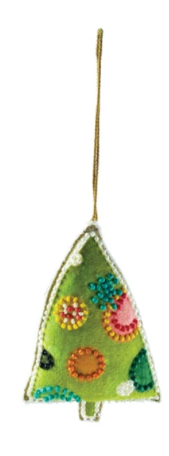 Cotton Velvet Christmas Tree Ornament w/ Embroidery & Glass Beads