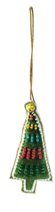 Cotton Velvet Christmas Tree Ornament w/ Embroidery & Glass Beads