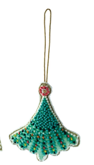 Cotton Velvet Christmas Tree Ornament w/ Embroidery & Glass Beads