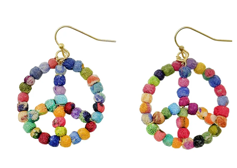 Kantha Bead Peace Sign Earrings