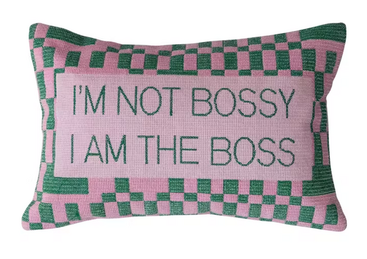 "I'm Not Bossy..." Embroidered Lumbar Pillow w/ Check Pattern
