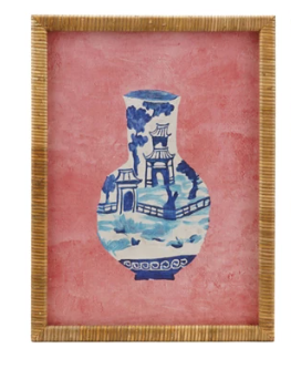 Blue Vase Rattan Wood Framed Glass Wall Decor