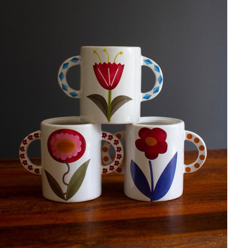 Ceramic Double Handle Vases with Flower Detail