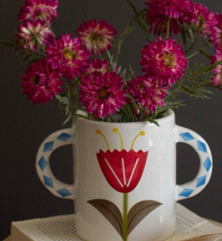 Ceramic Double Handle Vases with Flower Detail