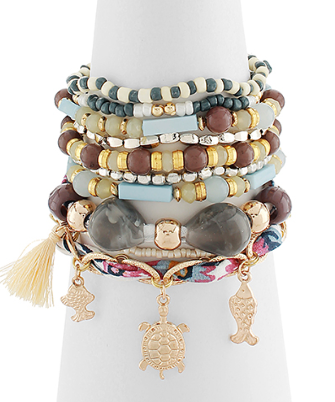 10 Row Turtle & India Bead Stacking Bracelet
