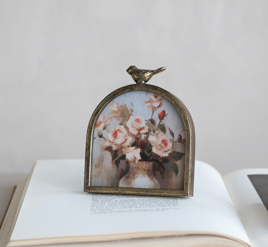 Antique Gold Metal Arched Photo Frame with Bird
