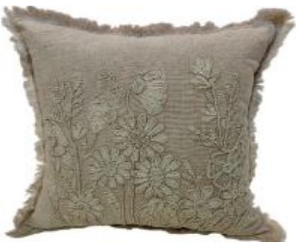 Cream Embroidered Floral & Fringe Pillow