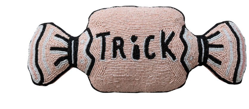"Trick"/"Treat" Glass Beaded Fabric Candy Shaped Pillow