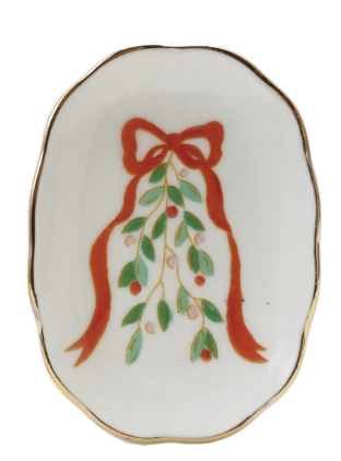 Stoneware Scalloped Dish w/ Holiday Image & Gold Electroplating