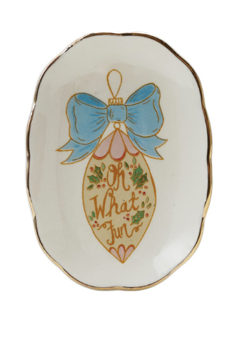 Stoneware Scalloped Dish w/ Holiday Image & Gold Electroplating