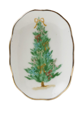 Stoneware Scalloped Dish w/ Holiday Image & Gold Electroplating