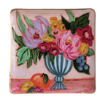 Enameled Metal Tray with Flowers in Vase & Gold Edges
