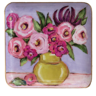 Enameled Metal Tray with Flowers in Vase & Gold Edges
