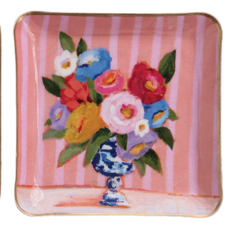 Enameled Metal Tray with Flowers in Vase & Gold Edges