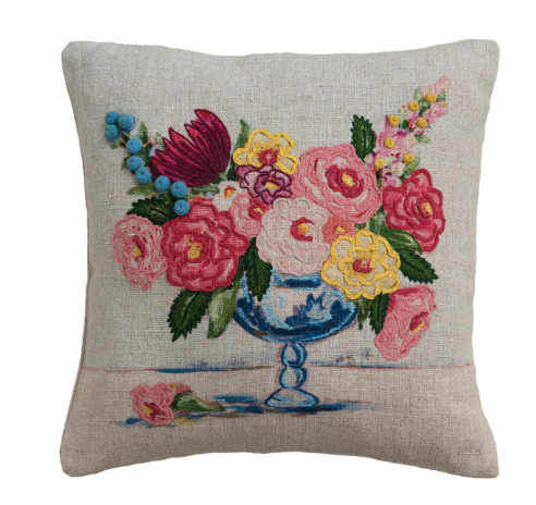 Embroidered Floral Vase Linen Pillow