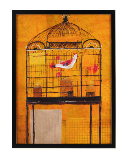 Hand-Painted Birds & Tree/Cage Framed Wall Art