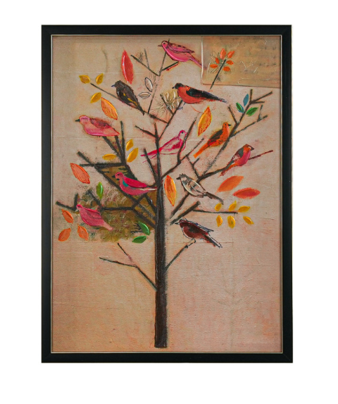 Hand-Painted Birds & Tree/Cage Framed Wall Art