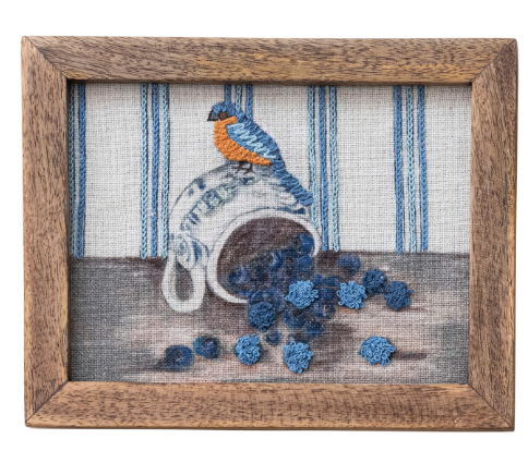 Embroidered Bird on Dish Wood Framed Wall Decor