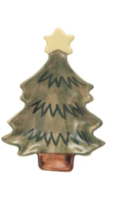 Hand-Painted Stoneware Christmas Tree Dish