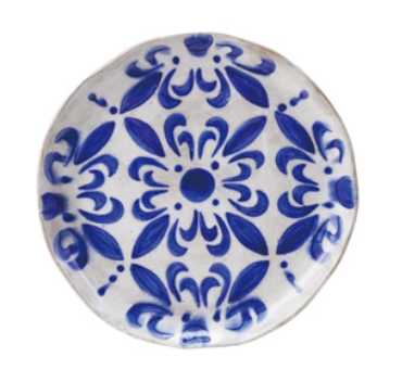 Blue & White Hand-Painted Stoneware Plate with Pattern