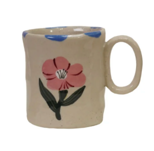 Stoneware Small Mugs w/ Hand-Painted Flower & Rim