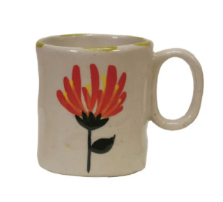 Stoneware Small Mugs w/ Hand-Painted Flower & Rim