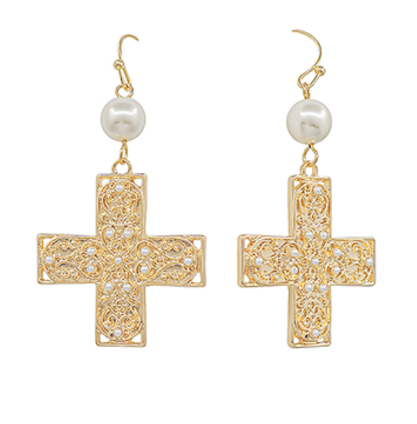 Hammered Cross & Pearl Earrings