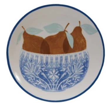 Stoneware Plate with Fruit/Flower Image & Blue Rim